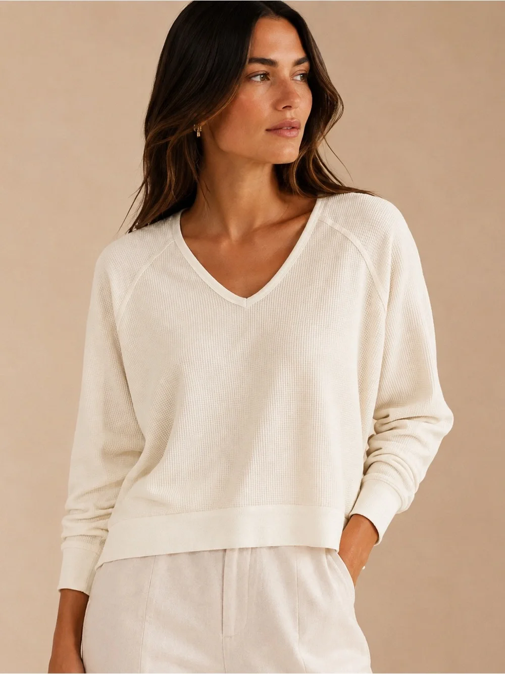Free People Cream V-Neck Waffle Knit Pullover
